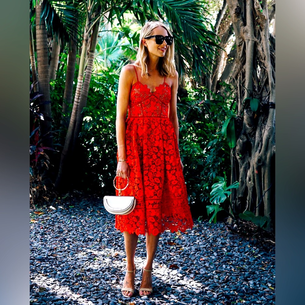 Self-Portrait Azaelea 3D Red Lace Midi Dress ❤️